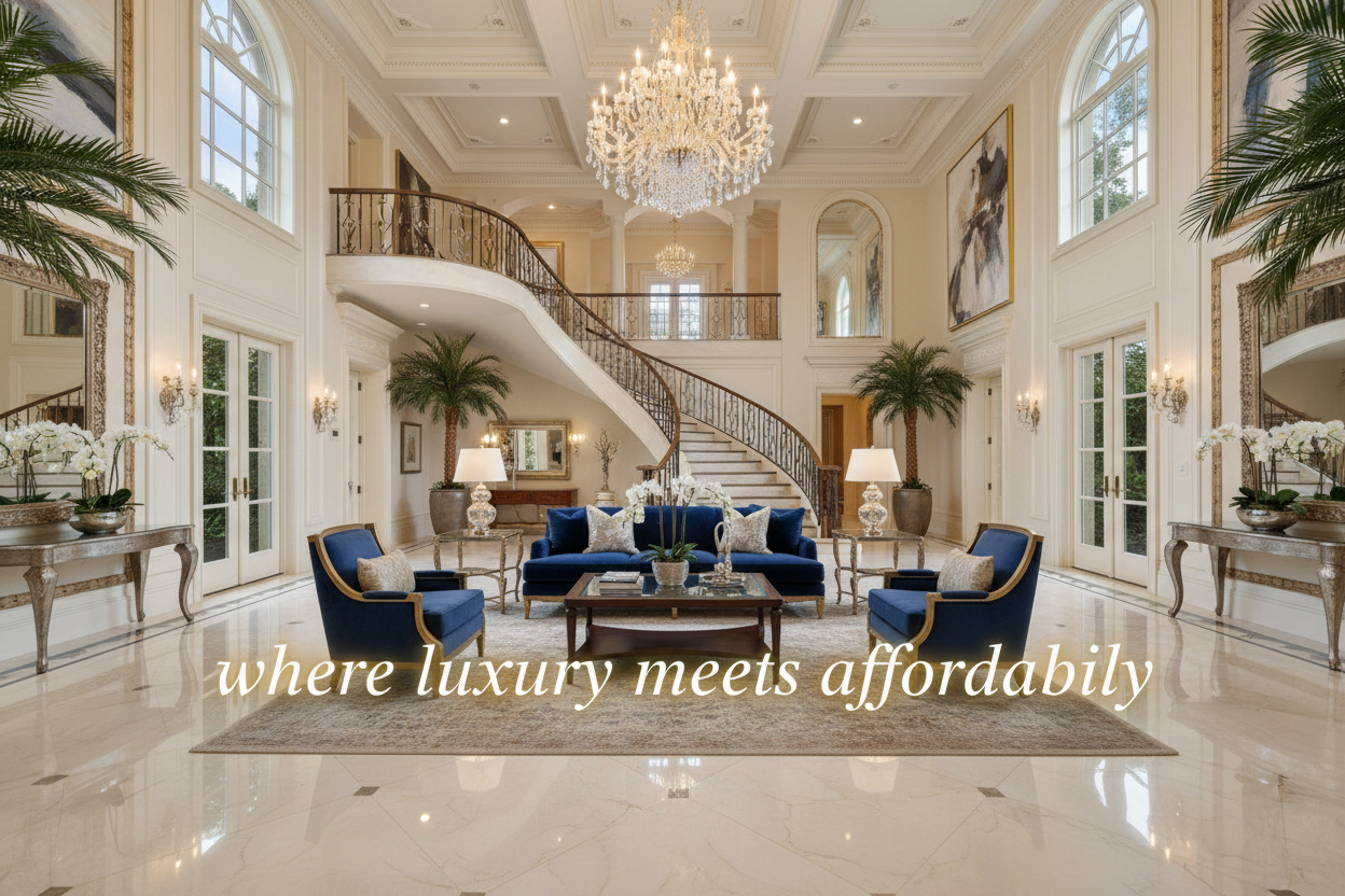 Generate a picture , photo of a inside view of the main hall of a home , and put the words "where luxury meets affordbaility"